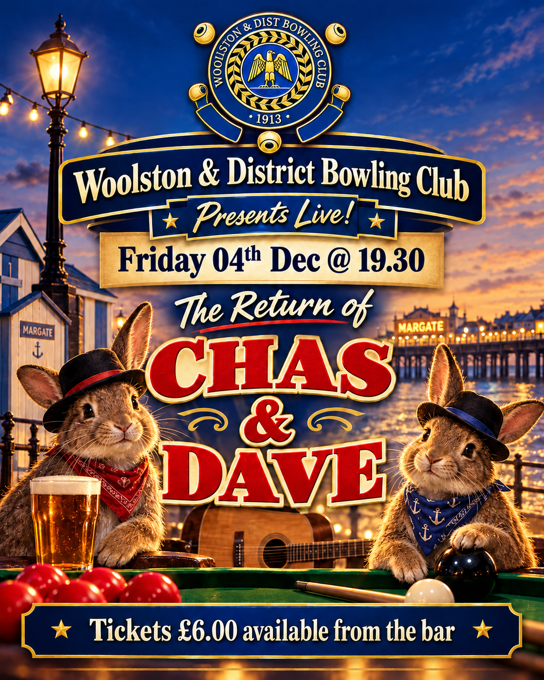 The Return of Chas & Dave live event poster for Woolston & District Bowling Club